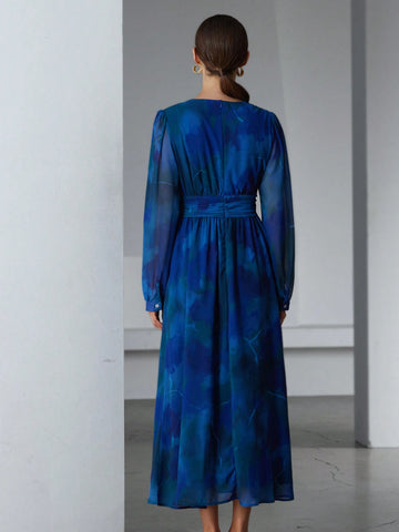 Aveloria Modichic Elegant Chiffon Ombre Floral Print V-Neck Overlap Waist Slim Design Long Dress, Suitable For Valentine's Day And Spring