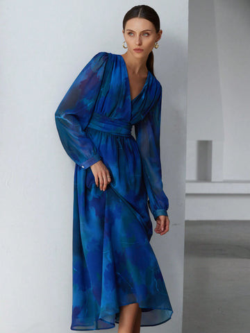 Aveloria Modichic Elegant Chiffon Ombre Floral Print V-Neck Overlap Waist Slim Design Long Dress, Suitable For Valentine's Day And Spring