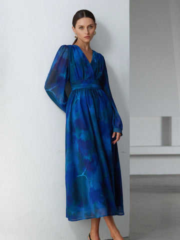 Aveloria Modichic Elegant Chiffon Ombre Floral Print V-Neck Overlap Waist Slim Design Long Dress, Suitable For Valentine's Day And Spring