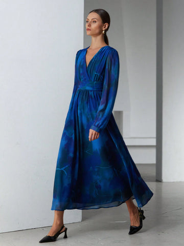 Aveloria Modichic Elegant Chiffon Ombre Floral Print V-Neck Overlap Waist Slim Design Long Dress, Suitable For Valentine's Day And Spring