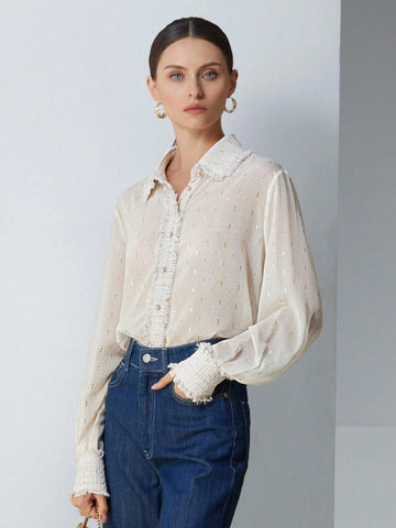 Aveloria Modichic Elegant Commuter Formal Foil Chiffon Fabric Collar & Cuff Tweed Trim Long Sleeve Blouse For Women