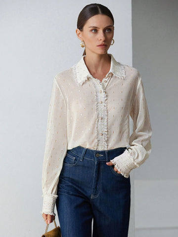 Aveloria Modichic Elegant Commuter Formal Foil Chiffon Fabric Collar & Cuff Tweed Trim Long Sleeve Blouse For Women