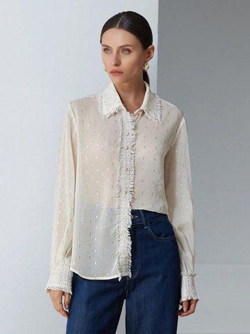 Aveloria Modichic Elegant Commuter Formal Foil Chiffon Fabric Collar & Cuff Tweed Trim Long Sleeve Blouse For Women