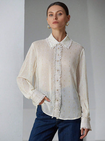Aveloria Modichic Elegant Commuter Formal Foil Chiffon Fabric Collar & Cuff Tweed Trim Long Sleeve Blouse For Women