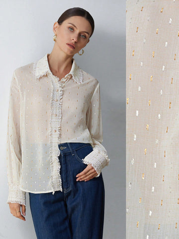 Aveloria Modichic Elegant Commuter Formal Foil Chiffon Fabric Collar & Cuff Tweed Trim Long Sleeve Blouse For Women