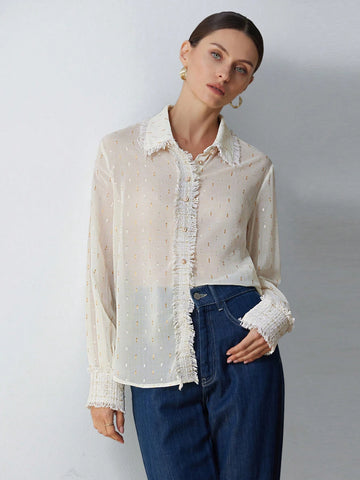Aveloria Modichic Elegant Commuter Formal Foil Chiffon Fabric Collar & Cuff Tweed Trim Long Sleeve Blouse For Women