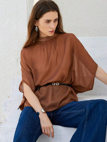 Aveloria Modichic Elegant Fashionable High-End Pleated Design High Collar Metallic Chiffon Women Short Sleeve Blouse