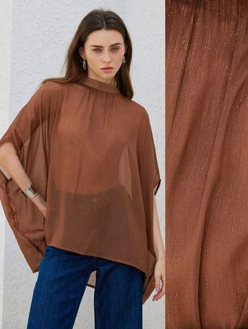Aveloria Modichic Elegant Fashionable High-End Pleated Design High Collar Metallic Chiffon Women Short Sleeve Blouse