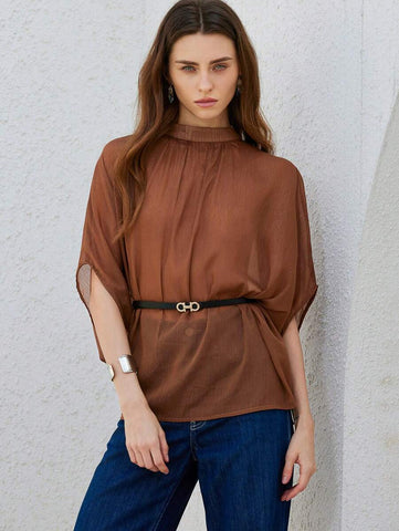 Aveloria Modichic Elegant Fashionable High-End Pleated Design High Collar Metallic Chiffon Women Short Sleeve Blouse