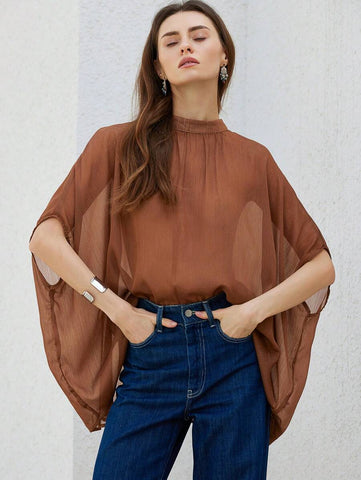 Aveloria Modichic Elegant Fashionable High-End Pleated Design High Collar Metallic Chiffon Women Short Sleeve Blouse