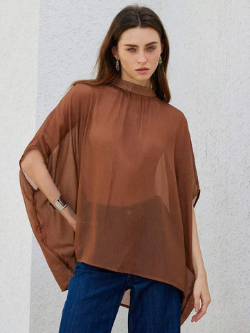 Aveloria Modichic Elegant Fashionable High-End Pleated Design High Collar Metallic Chiffon Women Short Sleeve Blouse