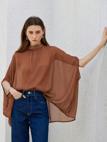 Aveloria Modichic Elegant Fashionable High-End Pleated Design High Collar Metallic Chiffon Women Short Sleeve Blouse