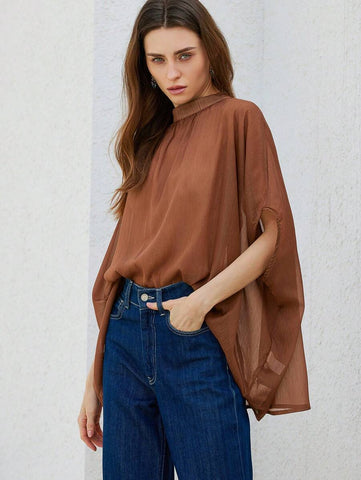 Aveloria Modichic Elegant Fashionable High-End Pleated Design High Collar Metallic Chiffon Women Short Sleeve Blouse