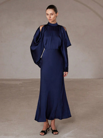 Aveloria Modichic Elegant French Style Satin Pleated Sleeve Mock Neck Waist Cinched Long Sleeve Dress For Women, Spring