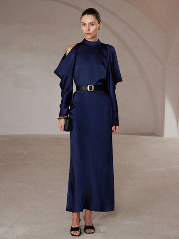 Aveloria Modichic Elegant French Style Satin Pleated Sleeve Mock Neck Waist Cinched Long Sleeve Dress For Women, Spring