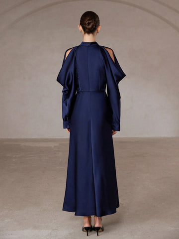 Aveloria Modichic Elegant French Style Satin Pleated Sleeve Mock Neck Waist Cinched Long Sleeve Dress For Women, Spring