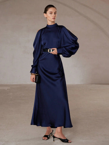Aveloria Modichic Elegant French Style Satin Pleated Sleeve Mock Neck Waist Cinched Long Sleeve Dress For Women, Spring