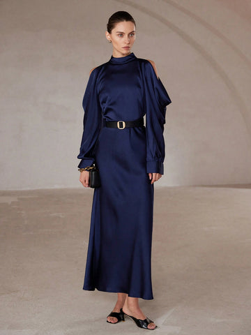 Aveloria Modichic Elegant French Style Satin Pleated Sleeve Mock Neck Waist Cinched Long Sleeve Dress For Women, Spring