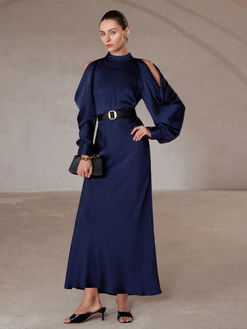 Aveloria Modichic Elegant French Style Satin Pleated Sleeve Mock Neck Waist Cinched Long Sleeve Dress For Women, Spring