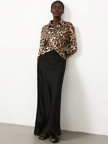 Aveloria Modichic Elegant Glossy Leopard Print Wrap Front Long Sleeve Blouse For Women