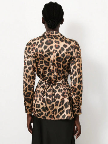 Aveloria Modichic Elegant Glossy Leopard Print Wrap Front Long Sleeve Blouse For Women