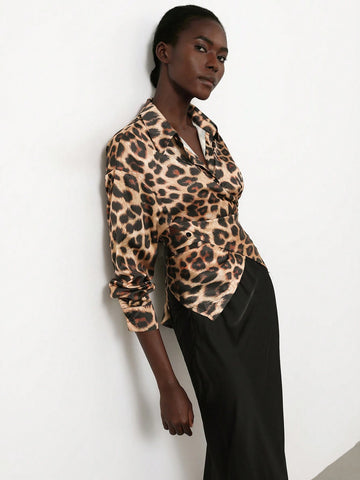 Aveloria Modichic Elegant Glossy Leopard Print Wrap Front Long Sleeve Blouse For Women