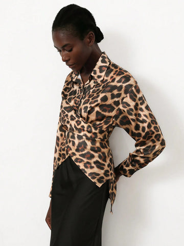 Aveloria Modichic Elegant Glossy Leopard Print Wrap Front Long Sleeve Blouse For Women