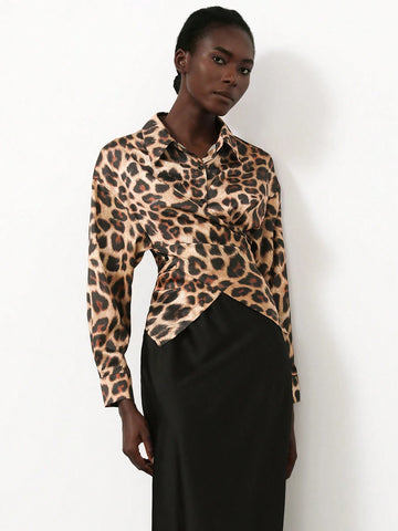 Aveloria Modichic Elegant Glossy Leopard Print Wrap Front Long Sleeve Blouse For Women