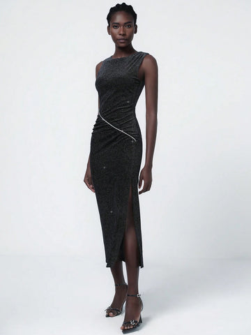 Aveloria Modichic Elegant Korean Flocked Metallic Chain Asymmetric Ruched Side Slit Bodycon Dress, Suitable For Commuting