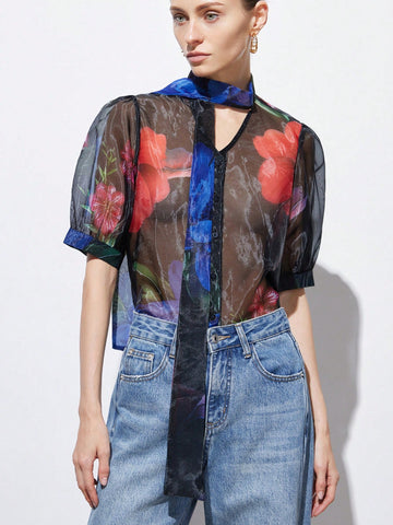 Aveloria Modichic Elegant Retro Embroidered Sheer Floral Print Bow Tie Puff Sleeve Loose Cardigan Shirt