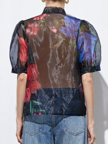 Aveloria Modichic Elegant Retro Embroidered Sheer Floral Print Bow Tie Puff Sleeve Loose Cardigan Shirt