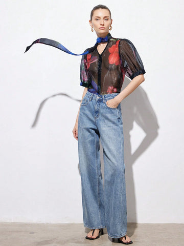 Aveloria Modichic Elegant Retro Embroidered Sheer Floral Print Bow Tie Puff Sleeve Loose Cardigan Shirt