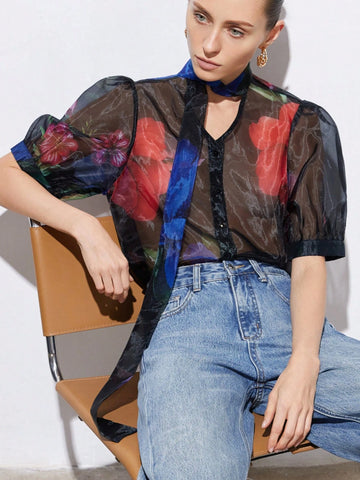 Aveloria Modichic Elegant Retro Embroidered Sheer Floral Print Bow Tie Puff Sleeve Loose Cardigan Shirt