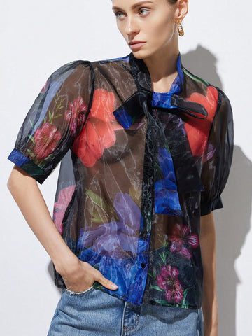 Aveloria Modichic Elegant Retro Embroidered Sheer Floral Print Bow Tie Puff Sleeve Loose Cardigan Shirt