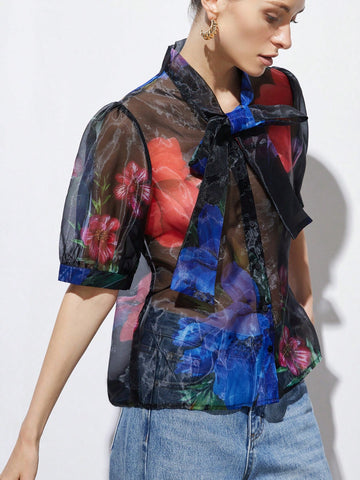 Aveloria Modichic Elegant Retro Embroidered Sheer Floral Print Bow Tie Puff Sleeve Loose Cardigan Shirt