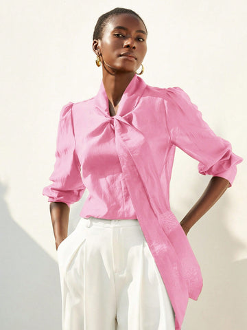 Aveloria Modichic Elegant Romantic Chiffon Flowy Collar Oversized Bow-Tie Neck Button-Up Long Sleeve Blouse