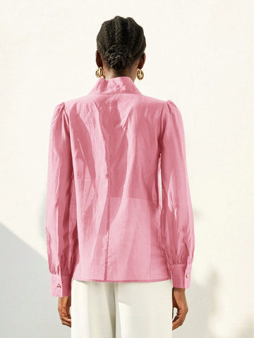 Aveloria Modichic Elegant Romantic Chiffon Flowy Collar Oversized Bow-Tie Neck Button-Up Long Sleeve Blouse