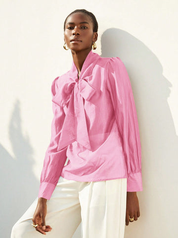 Aveloria Modichic Elegant Romantic Chiffon Flowy Collar Oversized Bow-Tie Neck Button-Up Long Sleeve Blouse