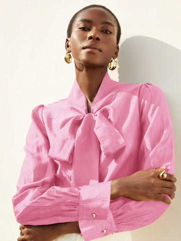 Aveloria Modichic Elegant Romantic Chiffon Flowy Collar Oversized Bow-Tie Neck Button-Up Long Sleeve Blouse