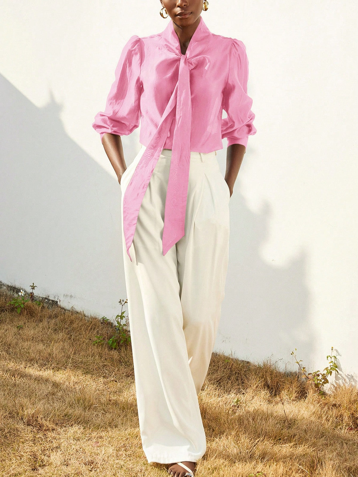 Aveloria Modichic Elegant Romantic Chiffon Flowy Collar Oversized Bow-Tie Neck Button-Up Long Sleeve Blouse