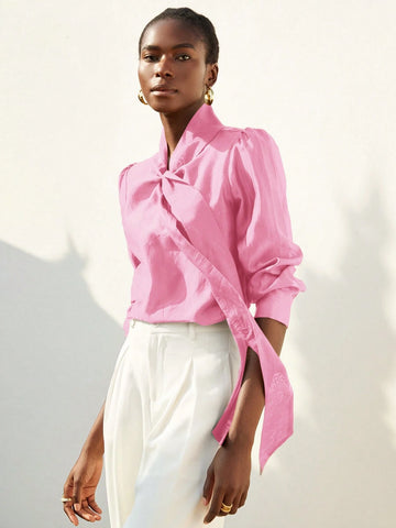 Aveloria Modichic Elegant Romantic Chiffon Flowy Collar Oversized Bow-Tie Neck Button-Up Long Sleeve Blouse