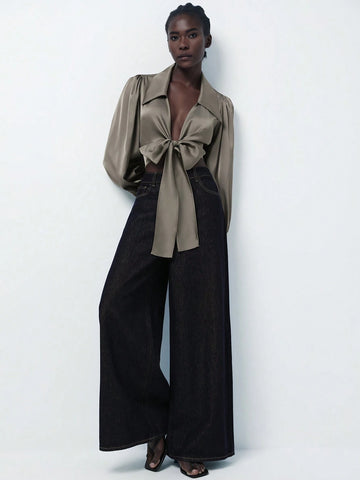 Modichic Elegant Satin Pique Collared V-Neck Wrap Bow Tie Waist Lantern Sleeve Crop Shirt