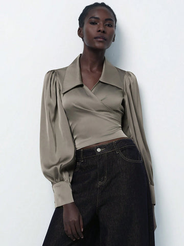 Modichic Elegant Satin Pique Collared V-Neck Wrap Bow Tie Waist Lantern Sleeve Crop Shirt