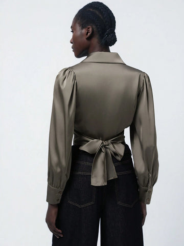 Modichic Elegant Satin Pique Collared V-Neck Wrap Bow Tie Waist Lantern Sleeve Crop Shirt