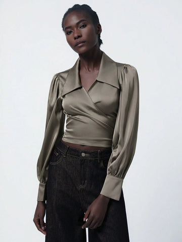 Modichic Elegant Satin Pique Collared V-Neck Wrap Bow Tie Waist Lantern Sleeve Crop Shirt