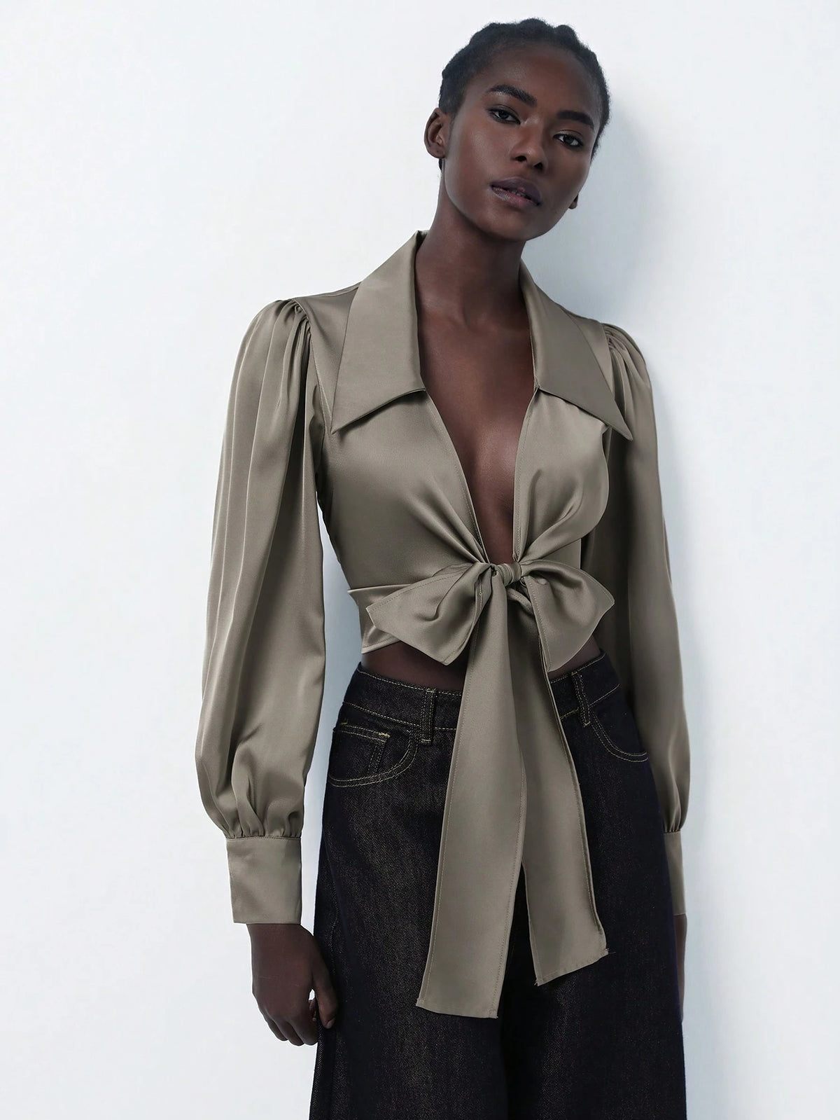 Modichic Elegant Satin Pique Collared V-Neck Wrap Bow Tie Waist Lantern Sleeve Crop Shirt