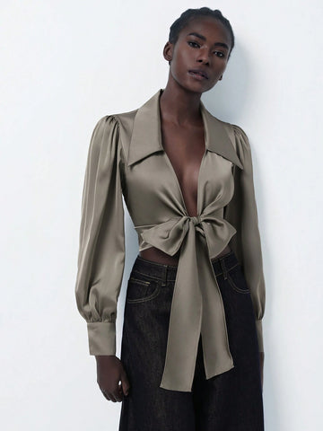 Modichic Elegant Satin Pique Collared V-Neck Wrap Bow Tie Waist Lantern Sleeve Crop Shirt