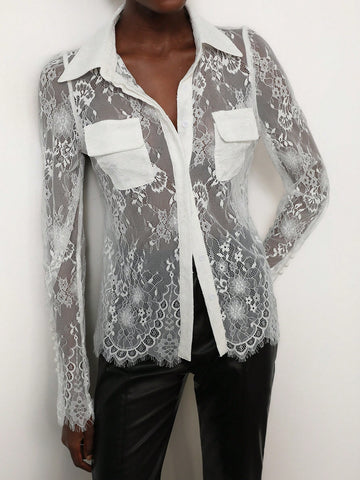 Aveloria Modichic Elegant Sheer Lace Shirt With Chest Pocket And Collar, Long Sleeve Blouse For Women, Spring