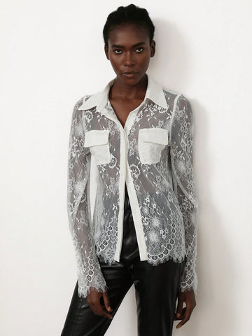 Aveloria Modichic Elegant Sheer Lace Shirt With Chest Pocket And Collar, Long Sleeve Blouse For Women, Spring