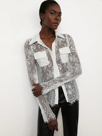 Aveloria Modichic Elegant Sheer Lace Shirt With Chest Pocket And Collar, Long Sleeve Blouse For Women, Spring